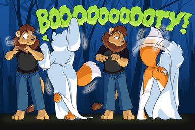 anthro barefoot bedsheet_ghost black_nose brown_body brown_fur brown_hair brown_tail_tuft butt clothed clothed_anthro clothed_male clothing dipstick_tail duo feet female fur hair holidays male male/female markings mooning presenting presenting_hindquarters raised_tail rear_view tail tail_markings tail_motion tail_tuft tailwag tuft white_tail_tip cartoonwolf 9_to_9 halloween amber_(9_to_9) jan_(9_to_9) canid canine felid fox lion mammal pantherine red_fox true_fox 3:2