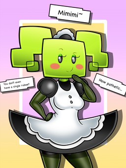 abstract_background armwear black_clothing blush blush_stickers breasts clothing dialogue drop_shadow elbow_gloves ellipsis eyebrows eyeshadow featureless_hands female female_humanoid gloves green_body green_eyeshadow green_hair green_skin hair half-closed_eyes hand_on_hip hand_on_own_hip handwear legwear looking_at_viewer maid_headdress maid_uniform makeup medium_breasts narrowed_eyes not_furry pigtails pink_blush question_mark raised_eyebrow rectangular_speech_bubble smug smug_expression smug_eyes smug_face solo speech_bubble square_(anatomy) square_head talking_to_viewer text thigh_highs uniform sleepiitreat mario_bros nintendo paper_mario mimi_(paper_mario) humanoid 2019 3:4 digital_media_(artwork) english_text hi_res shaded