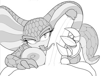 anthro big_breasts big_penis bodily_fluids breast_squish breasts dripping duo fellatio female forked_tongue genital_fluids genitals huge_breasts humanoid_genitalia humanoid_penis licking long_tongue male male/female metal_gloves nephthys_the_snake oral penile penis penis_lick precum precum_drip scales sex snake_hood squish stripes tongue 4chan_anon sega sonic_the_hedgehog_(series) fan_character cobra reptile scalie snake monochrome