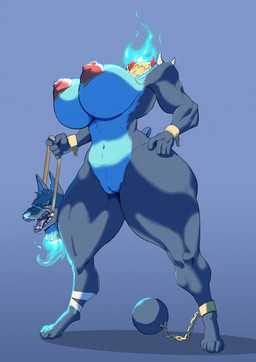anthro ball_and_chain big_breasts blue_background breasts colored_fire countershading cuff_(restraint) detachable detachable_head female fire flaming_neck genitals grey_body hand_on_hip headless holding_head holding_own_head huge_breasts modular nipples nude open_mouth pink_fire restraints shackled_ankles shackles simple_background solo vulva white_body white_countershading wrist_cuffs dinoturista european_mythology irish_mythology mythology koko-rada canid canine canis dullahan mammal wolf 2026 hi_res