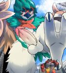 anthro avian bird black_body black_fur city decidueye duo erection feathered_wings feathers feet felid fur generation_7_pokemon genitals hi_res incineroar looming low-angle_view macro male male/male mammal mayar nintendo penis pokemon pokemon_(species) red_body red_fur stomping wings