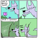 1:1 ac_stuart ambiguous_gender awoo_(ac_stuart) base_two_layout biting_sound_effect black_nose blue_background canid canine canis chewing comic dialogue english_text eyebrows eyes_closed fangs feral flower four_frame_grid four_frame_image fur green_background grid_layout kevin_(ac_stuart) male_(lore) mammal noob_the_loser onomatopoeia open_mouth plant regular_grid_layout simple_background solo sound_effects speech_bubble spider_web talking_to_self teeth text two_row_layout url vowelless vowelless_vocalization wolf