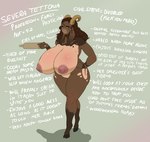 anthro big_breasts breasts brown_body brown_hair featureless_crotch female green_background hair holding_object huge_breasts mature_female nipples nude rolling_pin simple_background solo text dreamy_pride severa_tettona bovid caprine mammal english_text hi_res