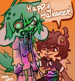 anthro belly big_ears blep blush blush_lines bottomwear brown_eyes brown_hair candy candy_gore cheek_tuft chocolate chocolate_chips clothed clothing collar crouching curly_hair dessert dialogue dress duo facial_tuft female fluffy fluffy_tail food fur gesture gore green_hair green_tail guts hair halloween_themed holidays male organs sharp_teeth shirt simple_background skirt standing tail tail_motion tailwag teeth tongue tongue_out topwear tuft wound_on_stomach wounded marpystar halloween strawby_(marpystar) toffee_(toffeebun) canid canine canis domestic_dog hybrid lagomorph leporid mammal rabbit absurd_res hi_res trans_(lore)