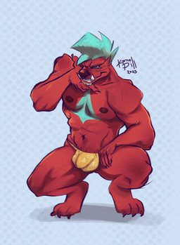 anthro blue_body blue_eyes blue_fur bulge clothing detailed_bulge finger_gun fur genitals gesture hand_gesture male penis penis_base pointing red_body red_fur smug smug_face smug_grin solo teeth thong toothy_grin underwear karnalpill absurd_res hi_res