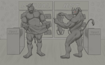 anthro blush butt duo ears_back front_view inside male male_anthro musclegut muscular muscular_anthro muscular_male nude open_mouth pivoted_ears side_view standing tail tail_tuft tuft underwear_shopping aduran eithan_(nalkhan) voltaire_(nalkhan) common_hippopotamus hippopotamid mammal rhinoceros hi_res spot_color