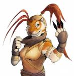 anthro cosplay female fur green_eyes hair holding_object long_hair simple_background solo stripes weapon whiskers white_background bluechance capcom street_fighter ibuki_(street_fighter) mei_chengse felid mammal pantherine tiger hi_res