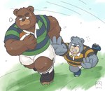 anthro bottomwear brown_body brown_fur clothing duo fur grey_body grey_fur humanoid_hands kemono male rugby rugby_ball rugby_uniform scar shirt shorts slightly_chubby topwear goyemon_k kumalino sanrio brew_(kumalino) roast_(kumalino) bear mammal 2022