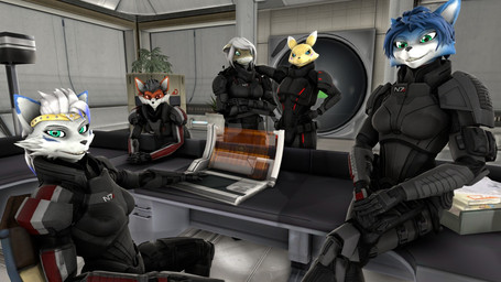 anthro black_hair black_sclera blue_body blue_ears blue_eyes blue_fur blue_hair combat_armor combat_suit computer electronics female fur gold_(metal) gold_jewelry green_eyes grey_body grey_hair grey_skin group hair inside jewelry looking_at_viewer multicolored_body multicolored_ears multicolored_eyes multicolored_fur multicolored_hair plant red_body red_ears red_eyes red_fur science_fiction smile white_body white_ears white_fur white_hair white_inner_ear yellow_body yellow_fur andrey_4k warfaremachine_(modeler) bandai_namco digimon nintendo star_fox fan_character katerine_flores krystal_(star_fox) warfare_krystal warfare_renamon warfare_shark warfare_yennsee yennsee_miller aquatic canid canine digimon_(species) fish fox mammal renamon shark 16:9 2018 3d_(artwork) digital_media_(artwork) widescreen