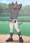 abs anthro armpit_hair biceps bodily_fluids body_hair clothed clothing hands_behind_head male muscular muscular_male musk solo sweat tongue tongue_out topless leeksaltboy strip_meme ken_(leeksaltboy) canid canine canis domestic_dog mammal hi_res