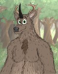 anthro antlers black_horn brown_body brown_fur day detailed_background flower forest fur fur_markings green_eyes grey_nose horn light light_beam looking_at_viewer male markings outside plant shirtless shrub smile solo tree monocerus miden hybrid mammal monocerus_(species) absurd_res hi_res