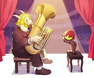 anthro beard blonde_hair brass_instrument crowd duo_focus facial_hair flute group hair horn long_ears male mature_anthro mature_male musical_instrument sitting stage standing tuba wind_instrument woodwind_instrument doseisanut undertale undertale_(series) asgore_dreemurr frisk_(undertale) boss_monster_(undertale) bovid caprine human mammal 6:5 digital_media_(artwork)