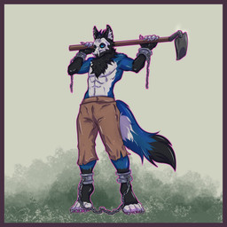 4_toes anthro barefoot border bottomwear bound chain chained clothing cuff_(restraint) digitigrade fantasy farming feet hoe male pants purple_border restrained restraints shackles slave solo submissive submissive_male toes tools torn_bottomwear torn_clothing torn_pants zana6_(artist) lucian_(forestmaster) abyssal_wolf canid canine canis mammal wolf 1:1 absurd_res hi_res