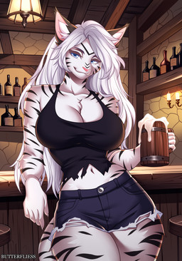 alcohol anthro beer beverage big_breasts blue_eyes bottle bottomwear breasts chest_tuft clothed clothing collarbone colored_nails container female fur hair holding_beer holding_beer_mug inner_ear_fluff inside long_hair looking_away markings nails navel off_shoulder pink_nose shirt shorts small_waist smile solo standing striped_body striped_fur striped_markings stripes tavern thick_thighs topwear torn_clothing torn_shirt torn_topwear tuft white_body white_fur white_hair white_nails butterfliess felid mammal pantherine tiger hi_res