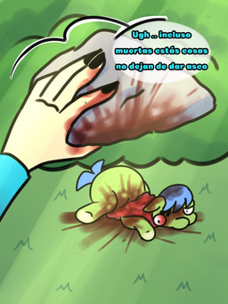 abuse ambiguous_feral ambiguous_gender ambiguous_human animal_abuse black_fingernails black_nails blue_clothing blue_hair blue_tail blue_topwear clothing colored_nails corpse day death dialogue feral fingernails first_person_view gore green_body guts hair holding_object human_pov light_body light_skin nails neonate organs outside plant pov_hands quadruped rock tail text topwear torture young young_ambiguous young_feral giggle_fluffy's fluffy_pony fluffy_pony_(species) human mammal 3:4 comic digital_media_(artwork) hi_res spanish_description spanish_text translated translated_description