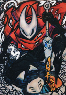 2_horns 6_eyes ambiguous_gender biped black_body black_eyes blood blue_clothing bodily_fluids clothing colored_blood duo fingers holding_melee_weapon holding_object holding_weapon horn melee_weapon multi_eye orange_blood pose red_clothing unusual_blood unusual_bodily_fluids weapon aurigolddourado hollow_knight_(franchise) team_cherry hornet_(hollow_knight) the_knight_(hollow_knight) arthropod vessel_(species) 2025 absurd_res hi_res female_(lore) half_sister_(lore) sibling_(lore) sister_(lore)