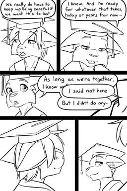 adolescent anthro bangs clothed clothing dialogue duo_focus graduation graduation_cap graduation_gown graduation_robe group pouting silhouette sitting speech_bubble text young black-kitten sebastien_(black-kitten) serah_(black-kitten) canid canine canis felid feline lynx mammal 2025 2:3 black_and_white comic english_text hi_res monochrome multiple_scenes brother_(lore) brother_and_sister_(lore) sibling_(lore) sister_(lore)