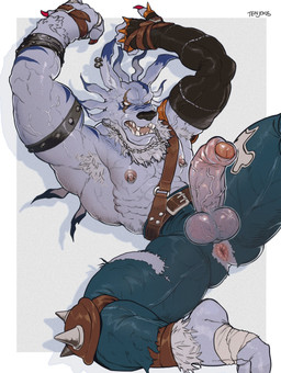 abs anthro anus armpit_hair big_penis body_hair clothing erection foreskin genitals humanoid_genitalia humanoid_penis male nipples pecs penis penis_poking_out scar solo tenji_89 bandai_namco digimon digimon_(species) weregarurumon hi_res