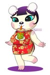 anthro asian_clothing beverage breasts bubble_tea bun_cover chinese_clothing chinese_dress cleavage cleavage_cutout clothed clothing cutout dress east_asian_clothing female on_one_leg ox_horns rosy_cheeks simple_background solo standing white_background purplevulpes animal_crossing nintendo pekoe_(animal_crossing) bear mammal hi_res