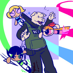 5_fingers angry anthro beating black_clothing black_hair black_hoodie black_topwear blonde_hair blue_clothing broken_bone broken_legs caricature clothed clothing eyes_closed female fight fingers frown grabbing_from_behind green_clothing green_eyes group hair happy hoodie humanoid_hands long_hair male mouth_closed open_mouth orange_hair pink_clothing pink_eyes politics protest_art red_hair_bow simple_background smile text topwear twintails_(hairstyle) white_background deadmanzwife cartoon_network powerpuff_girls u.s._department_of_homeland_security u.s._immigration_and_customs_enforcement blossom_(powerpuff_girls) bubbles_(powerpuff_girls) buttercup_(powerpuff_girls) domestic_pig human humanoid mammal suid suine sus_(pig) 1:1 2026 digital_drawing_(artwork) digital_media_(artwork) english_description english_text hi_res ibispaint_(artwork) sibling_(lore) sister_(lore) sisters_(lore) triplets_(lore)