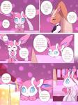 2019 3:4 ambiguous_gender anthro blue_eyes bodily_fluids breasts brown_body brown_fur canid canine clothed clothing comic crossed_arms dialogue digital_media_(artwork) eeveelution english_text female fur generation_2_pokemon generation_4_pokemon generation_6_pokemon group head_on_hand hi_res inside km-15 lagomorph lopunny lucius_(km-15) mammal nintendo pokemon pokemon_(species) ribbons sitting sweat sweatdrop sylveon teeth text umbreon waiter wine_bottle