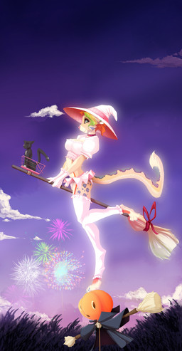 anthro breasts broom cleaning_tool clothed clothing cloud costume detailed_background duo female field fireworks holidays magic_user night outside riding skimpy sunset twilight witch thedandelion halloween enreeu felid feline felis leopardus mammal ocelot pantherine absurd_res digital_media_(artwork) hi_res