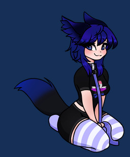 blue_body blue_eyes blue_fur blue_hair breasts female fox_ears fur hair pubic_tattoo slim small_breasts tail tail_motion tailwag tattoo fraywolf co1by animal_humanoid canid canine humanoid mammal animated hi_res
