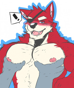 ambiguous_gender anthro areola biceps blush bodily_fluids chest_grab duo exclamation_point eye_patch eyebrows eyewear fur hand_on_chest hand_on_pecs male male/ambiguous muscular muscular_anthro muscular_male navel nipples open_mouth open_smile pec_grab pecs red_body red_fur smile sweat tan_body tan_fur teeth tongue frankescobarx five_nights_at_freddy's scottgames anon foxy_(fnaf) ambiguous_species canid canine fox mammal 2022 digital_media_(artwork) hi_res pictographics