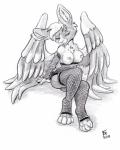 anthro breasts chest_tuft clothing feathered_wings feathers female fishnet_clothing fishnet_legwear genitals legwear looking_at_viewer nipples pussy smile solo tuft wings flinters lagomorph mammal skvader 2018 hi_res