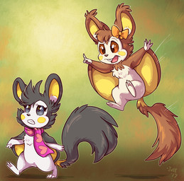 3_toes 4_fingers ambiguous_gender biped black_body black_fur bow_accessory bow_on_head brown_body brown_eyes brown_fur buckteeth cheek_spots cheek_tuft chest_tuft duo ear_tuft facial_tuft feet fingers floating fur gloves_(marking) grey_eyes grimace markings membrane_(anatomy) open_mouth scarf semi-anthro soles tail tail_tuft teeth toes tongue tuft walking white_body white_fur yellow_body yellow_fur yellow_inner_ear shellyochunks nintendo pokemon addy_villeneuve emolga generation_5_pokemon pokemon_(species) shiny_pokemon 2017 hi_res nonbinary_(lore)