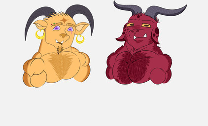 anthro beard big_arms duo ear_piercing ear_ring facial_hair fangs fur goatee golden_sclera hair holidays horn lips long_ears male muscular nipples orange_body orange_fur pecs piercing purple_eyes red_body red_fur ring_piercing teeth yellow_eyes nickbravecomics christmas ambar_(nickbravecomics) krampus pyros_(nickbravecomics) bovid caprine caprine_demon demon goat_demon mammal hi_res