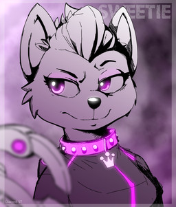 abstract_background anthro border breasts clothed clothing collar eyeshadow female feral fur hair looking_aside makeup pink_collar pink_eyes pink_eyeshadow purple_clothing purple_topwear short_hair solo studded_collar studs topwear diacordst paw_patrol sweetie_(paw_patrol) canid canine canis domestic_dog mammal bust_portrait digital_media_(artwork) hi_res portrait restricted_palette