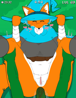 anal anal_penetration anthro big_penis black_nose blue_cape blue_clothing blue_hat blue_headwear blush blush_lines bodily_fluids breasts butt cape clothing crossgender duo eyes_closed female female_penetrated first_person_view fur gameplay_mechanics genital_fluids genitals grass green_body green_skin grey_clothing grey_topwear hand_on_leg hands_on_legs hat headgear headwear heart_symbol humanoid_genitalia humanoid_penis leg_grab looking_pleasured lying lying_on_grass lying_on_ground magic_user male male/female male_penetrating male_penetrating_female multicolored_body multicolored_fur on_back on_grass on_ground orange_body orange_ears orange_fur orange_tail outside outside_sex penetration penile penile_penetration penis penis_in_ass plant sex tail thick_thighs topwear two_tone_body two_tone_fur two_tone_hat vaginal_fluids vein veiny_penis vulva white_body white_fur wizard_hat wraps wrist_wraps surrealtone megabonk fox_(megabonk) canid canine fox goblin humanoid mammal 2025 absurd_res digital_media_(artwork) hi_res