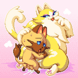 anthro belly brown_body brown_fur butt duo eyeshadow female fluffy fur makeup male male/female overweight overweight_female sex size_difference yellow_body yellow_fur obsbuns capcom monster_hunter monster_hunter_stories fifi_(monster_hunter) navirou domestic_cat felid feline felis felyne lynian mammal 1:1 digital_media_(artwork) pixel_(artwork)