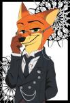 anthro brown_body brown_fur butler claws clothed clothing cosplay dipstick_ears ear_markings eyewear front_view fur glasses hand_behind_back looking_at_viewer male multicolored_ears necktie orange_body orange_fur shirt simple_background solo suit topwear white_background battouga-sharingan black_butler disney kuroshitsuji zootopia nick_wilde sebastian_michaelis canid canine fox mammal red_fox true_fox 2016 hi_res