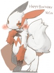 ambiguous_gender birthday blush brown_eyes fluffy fluffy_tail fur happy_birthday markings red_markings solo tail text white_body white_fur shin_(artist) nintendo pokemon generation_3_pokemon pokemon_(species) zangoose english_text