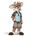 anthro antlers barefoot black_eyes black_nose black_polo_shirt blue_polo_shirt bottomwear brown_body brown_fur clothing feet fur hand_on_hip hooves horn khaki_shorts male polo_shirt shadow shirt shorts simple_background solo tan_body tan_fur topwear white_background tinydeerguy darwin_(tinydeerguy) deer mammal hi_res signature