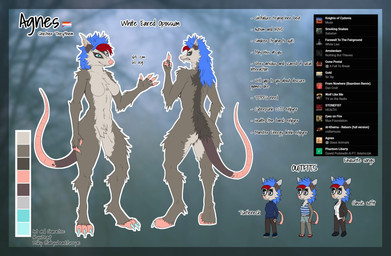anthro blue_eyes blue_hair blue_nails breasts chibi clothed clothing colored_nails digitigrade ear_piercing exposed_breasts fangs featureless_breasts female fur grey_body grey_fur hair hairless_tail nails piercing red_hair solo tail teeth text whiskers abysstheposs agnes_(abysstheposs) mammal marsupial white-eared_opossum english_text hi_res model_sheet