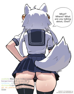 ahoge asian_clothing bell_accessory big_butt black_clothing black_legwear black_panties black_stockings black_underwear blue_bottomwear blue_clothing blue_skirt bottomwear butt cat_tail clothing east_asian_clothing female glistening glistening_butt glistening_thighs hair hand_on_hip japanese_clothing japanese_school_uniform legwear light_body light_skin looking_away miniskirt oblivious panties rear_view school_uniform simple_background skirt solo stockings stream_chat tail text underwear uniform white_ears white_hair white_tail wersman vtuber filian_(vtuber) animal_humanoid cat_humanoid felid felid_humanoid feline feline_humanoid humanoid mammal mammal_humanoid 2025 digital_media_(artwork) english_text hi_res url