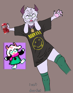 anthro bell bell_collar beverage beverage_can bottomless bottomless_anthro bottomless_male clothed clothing collar cowbell eyes_closed eyewear femboy front_view glasses happy legwear male male_anthro nirvana_logo on_one_leg oversized_clothing oversized_shirt oversized_topwear pantsless pantsless_anthro pantsless_male partially_clothed partially_clothed_anthro partially_clothed_male pawpads paws shirt smile smiling_at_viewer solo standing thick_thighs thigh_highs topwear scatta'brained deltarune dr_pepper nirvana undertale_(series) ralsei bovid caprine darkner goat mammal digital_drawing_(artwork) digital_media_(artwork) mixed_media photography_(artwork) reference_image
