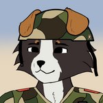 anthro brown_body brown_ears brown_fur clothing floppy_ears fur grey_body grey_fur male military_helmet military_uniform simple_background smile solo uniform white_body white_fur esprit border_collie canid canine canis collie domestic_dog herding_dog mammal pastoral_dog sheepdog 1:1