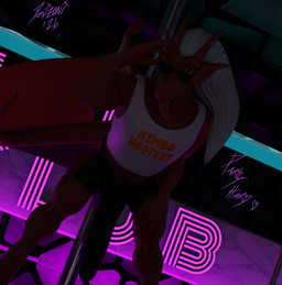 anthro bottomwear clothing erection eyebrows eyewear hair long_hair looking_at_viewer male nightclub pole raised_eyebrow red_body shirt shorts solo stripper stripper_pole sunglasses tank_top tenting tongue tongue_out topwear domizoni disney gargoyles himbo_hooters brooklyn_(gargoyles) gargoyle humanoid 2026 3d_(artwork) blender_(artwork) blender_cycles_(artwork) digital_media_(artwork) hi_res