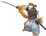 anthro asian_clothing big_bulge biped brown_body brown_fur bulge clothing east_asian_clothing fangs fingers fur holding_katana holding_melee_weapon holding_object holding_sword holding_weapon huge_bulge japanese_clothing katana male melee_weapon muscular muscular_anthro muscular_male open_mouth solo sword tail teeth weapon chan_kiti_chan lifewonders live_a_hero barrel_(live_a_hero) canid canine mammal 5:4 hi_res