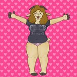 anthro big_breasts blonde_hair blue_clothing blue_eyes blue_shirt blue_topwear breasts clothing female free_hugs fur grey_hooves grey_horn hair happy heart_symbol hooves horn hug overweight pink_background pink_clothing pink_underwear print_clothing print_shirt print_t-shirt print_topwear shirt simple_background smile solo spread_arms t-shirt tail tail_motion tailwag tan_body tan_fur thick_thighs topwear underwear yellow_sclera guyybullhorn gayle_bullhorn bovid caprine goat mammal hi_res