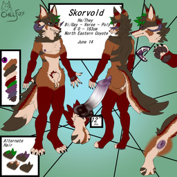 animal_genitalia animal_penis anthro anus backsack balls canine_genitalia canine_penis erection genitals horn knot knotted_penis male nipples nude nude_male open_mouth pawpads paws penis pubes purple_eyes sheath solo text chelfoxart skorvold canid canine canis coyote mammal 1:1 english_text hi_res model_sheet