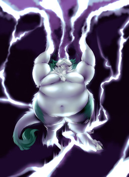 anthro electricity lightning male no_clothing obese obese_anthro overweight overweight_anthro overweight_male raised_arms solo danji-isthmus sergal digital_media_(artwork) digital_painting_(artwork) hi_res painting_(artwork)
