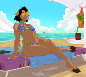 anthro beach bikini bikini_top clothing dark_hair eyewear female hooves pose sea solo sunglasses swimwear two-piece_swimsuit water furs0up_nsfw animal_humanoid bovid bovid_humanoid bovine bovine_humanoid cattle_humanoid humanoid mammal mammal_humanoid pinup