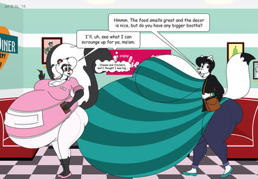 anthro apron belly belly_size_difference big_belly big_breasts big_butt black_hair blue_eyes blush booth bottomwear breasts butt checkered checkered_floor clothed clothing copyright_symbol denim denim_bottomwear denim_clothing dialogue dialogue_box diner duo female footwear fur furniture green_eyes hair huge_belly huge_breasts hyper hyper_belly hyper_breasts hyper_pregnancy jacket jeans multicolored_body multicolored_fur notebook pants pencil_(object) pregnant purse restaurant shirt shoes sign speech_bubble symbol text thick_thighs thought_bubble topwear two_tone_body two_tone_fur waitress_uniform white_body white_fur white_hair satsumalord nicole_(satsumalord) stacy_(satsumalord) arctic_fox canid canine fox mammal mephitid skunk true_fox 2018 comic_sans digital_media_(artwork) english_text hi_res