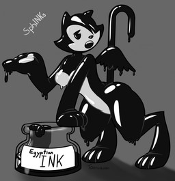 female goo_drip looking_at_viewer open_mouth semi-anthro simple_eyes solo wings toonvasion sphinks goo_creature inkblot hi_res monochrome