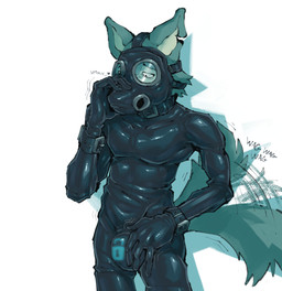 anthro chastity_bulge chastity_device collar cuff_(restraint) drone dronesuit gas_mask heart_symbol lock_bulge male mask notched_ear null_bulge restraints solo standing tail tail_motion tailwag text touching_bulge a_guy_somewhere beastars legoshi_(beastars) canid canine canis mammal wolf english_text hi_res